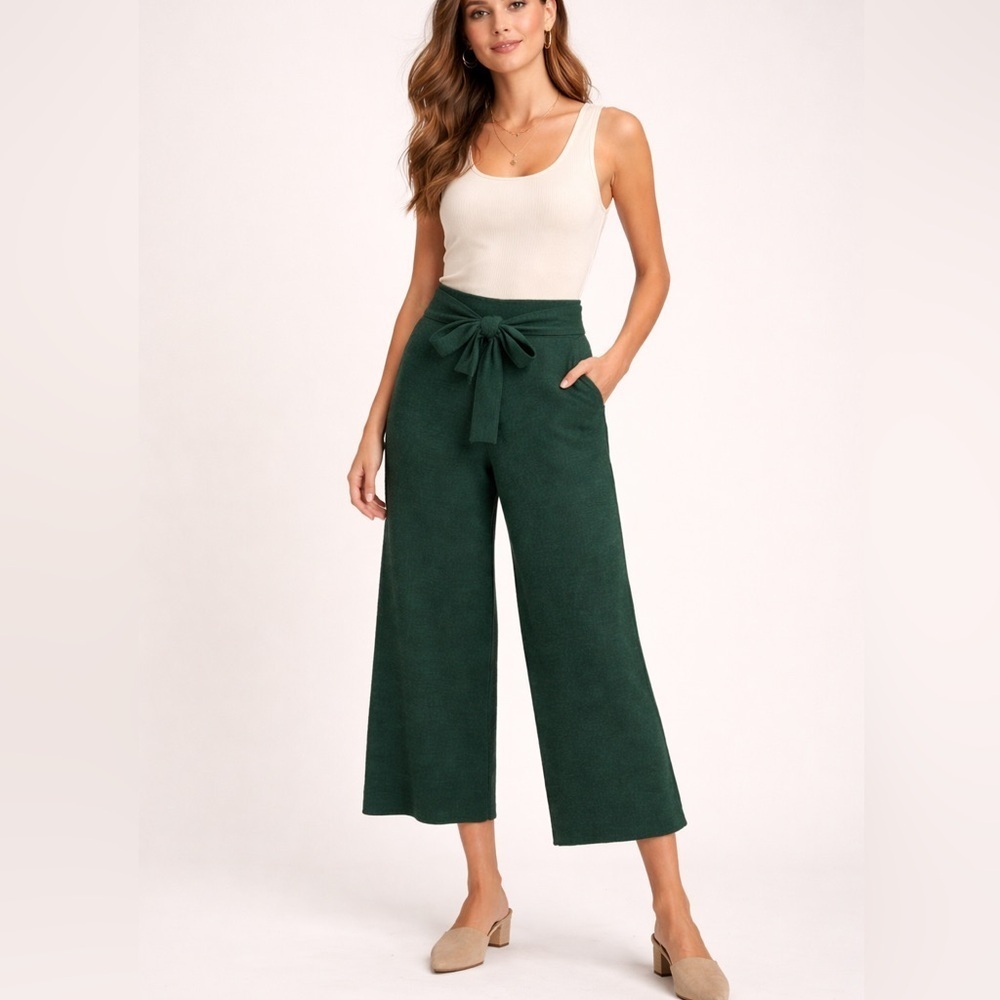 Anthropologie HOM Green Knit Wide Leg Pants Size XS Tie Waist NWT